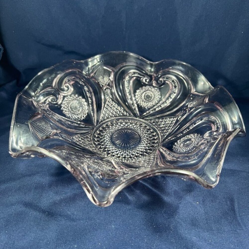 Vintage EAPG Imperial Heart Ruffled Bowl Purple Ornate Elegant Cut Glass Decor